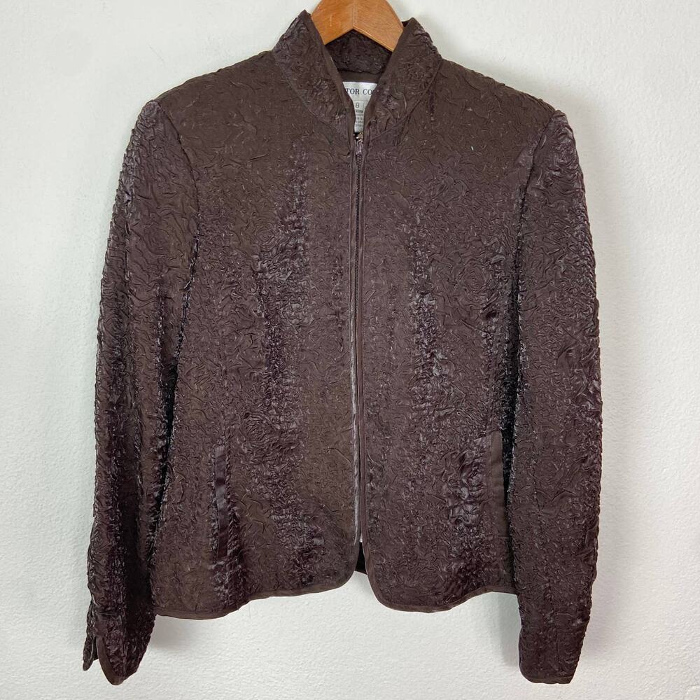Victor Costa Evening Jacket Size‎ 8 Chocolate Brown Crinkle Fabric Full Zip